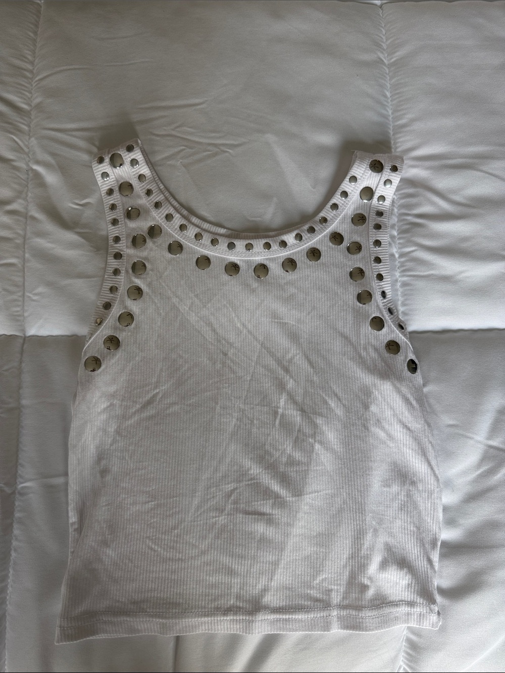 White Sleeveless Stud-Accent Ribbed Tank Top